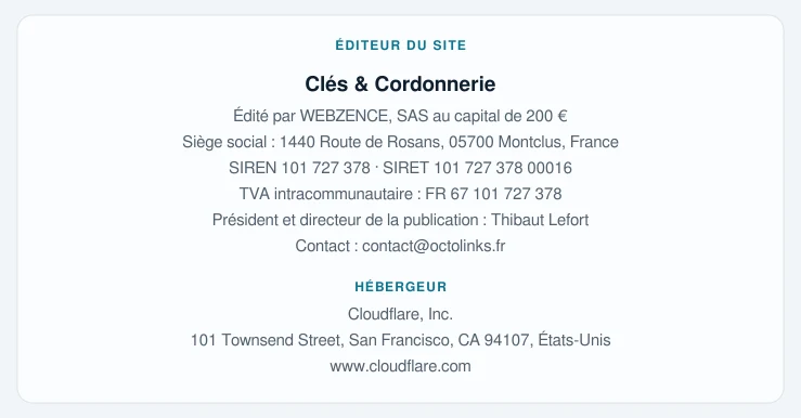 Coordonnées légales de l’éditeur et de l’hébergeur du site