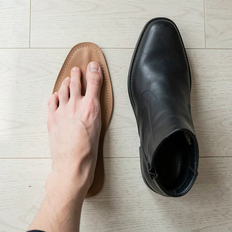 Pied nu posé sur une semelle de propreté retirée d&rsquo;une chaussure en cuir, sur un plan de travail en bois
