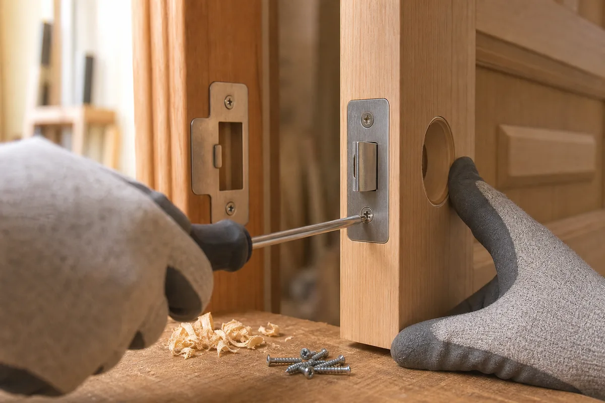 Main gantée d&rsquo;artisan tenant un tournevis devant la tranche d&rsquo;une porte d&rsquo;entrée en bois, têtière et gâche visibles