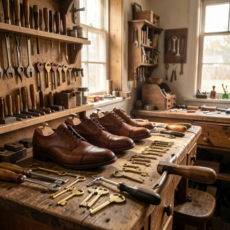 Établi de cordonnier avec clés, outils et chaussures en réparation